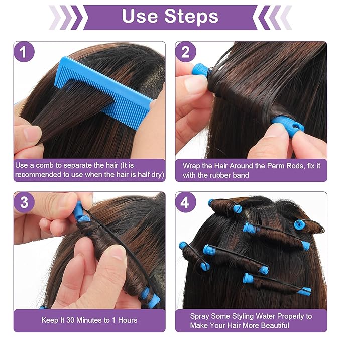Coolrunner Hair Perm Rods Set, 60PCS Blue Plastic Curler Perming Rods with Steel Pintail Comb, DIY Hair Curler Styling Tools for Hairdressing Hair (0.9cm)