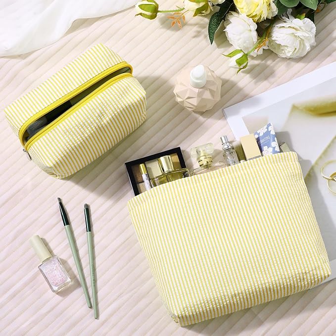 2 Pcs Makeup Bag Set Cute Cosmetic Pouch for Women Seersucker Travel Toiletry Bag Preppy Small Makeup Purse Pouch Aesthetic Skincare Brushes Storage Organizer for Valentine Women(Yellow)