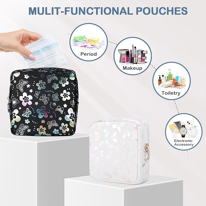 Period Bag Pouch, Leather Sanitary Napkin Storage Bag for Girls Womens, Portable Sanitary Napkin Period Pad Pouch Bag for Purse, Small Make Up Bags(Flower Butterflies)