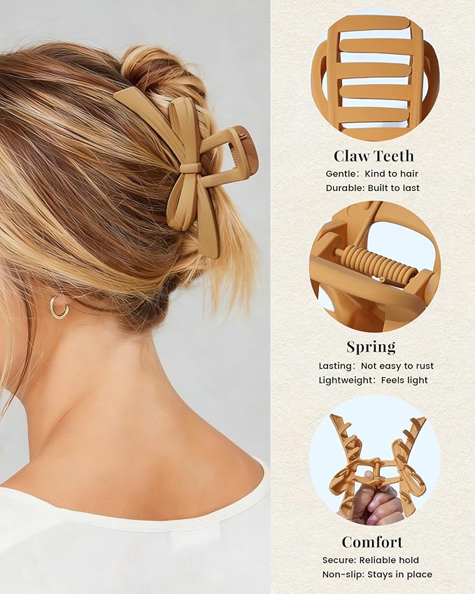 Mesovor 4 Pack Cute Bow Claw Clips, Nonslip 4.92" Large Matte Strong Hold Bows Hair Clips for Thin and Thick Hair | Chic Hairclips for Holidays or Everyday Hairstyle (Beige Matte)