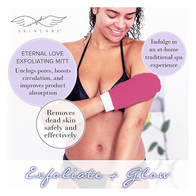Seraphic Skincare Eternal Love Premium Exfoliating Mitt for Body 1pc – Exfoliating Glove & Body Scrubber for Shower Use, Deep Body Exfoliation, Dead Skin Removal & Self Tanner - Valentine’s Day gift