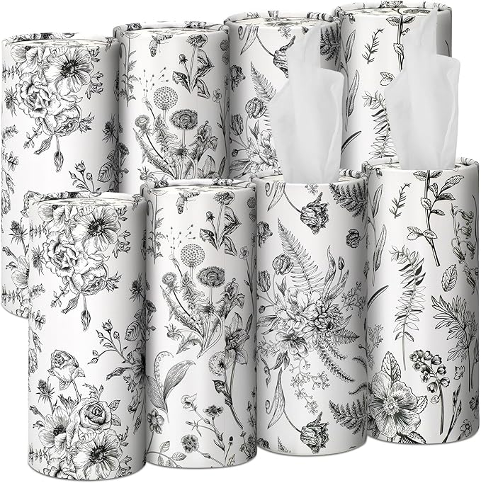Zonon 8 Pcs Vintage Floral Round Tissues Holder Car Tissues Cylinder with Facial Tissue Bulk Black Flower Tissue Box Travel Tube for Spring Car Decoration with 50 Sheets for Cup Holder Round Container