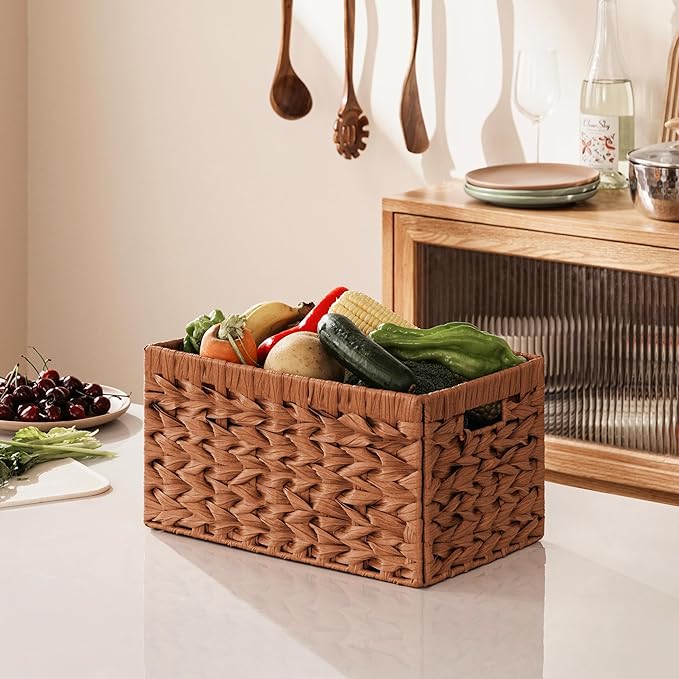UBBCARE Storage Baskets with Label, Wicker Pantry Baskets for Shelves, Waterproof Woven Basket for Organizing, 2-Pack Plastic Rectangle Organizers with Handles,Light Brown (13.4L×8.3H×7.1W)