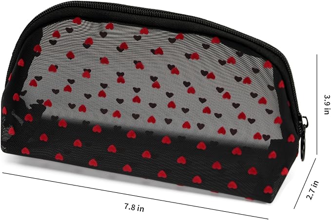 Portable Mesh Makeup Bag with Zipper Small Travel Toiletry Bag Lightweight Cosmetic Pouch (Black&Red Heart Half Round)