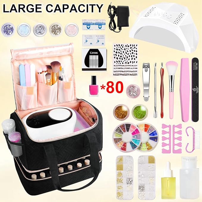 Nail Polish Organizer Bag Holds 80 Bottles (15ml/0.5fl.oz)& Nail Lamp, Soft Velvet Nail Kit Storage Carrying Case with Shoulder Strap, Double Layer Nail Supplies Organizer Handbag Women Black
