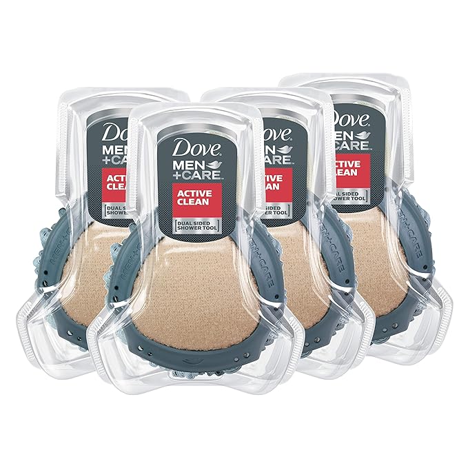 DOVE MEN + CARE Shower Tool 4 Count For Stronger, Healthy-Feeling Skin Active Clean Scrubs and Exfoliates for a Deeper Clean With Body Wash