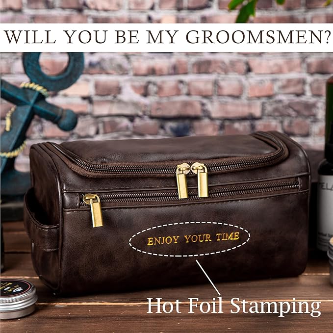 Flycalf Mens Toiletry Travel Bag Customized Mens Leather Toiletries Grooming Bag for Men Shaving Bag Hanging Water Resistant Organizer (Coffee)
