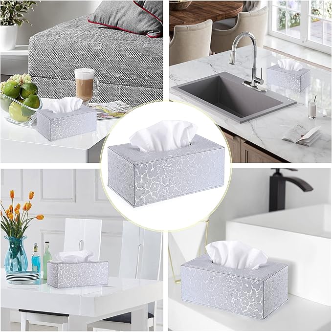 Sumnacon Rectangular Leather Tissue Box Cover - Stylish Tissue Box Holder with Magnetic Bottom, Decorative PU Tissue Box for Vanity Dresser Night Stand Table Countertop Home Office Car, Silver
