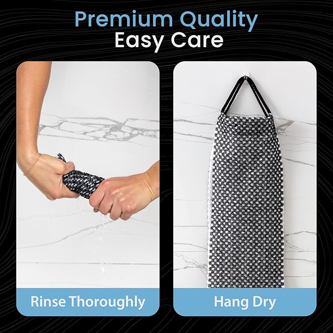 Japanese Exfoliating Washcloth for Back & Body - Charcoal & Silver Ion Exfoliating Towel - Two-Sided Gentle Exfoliation
