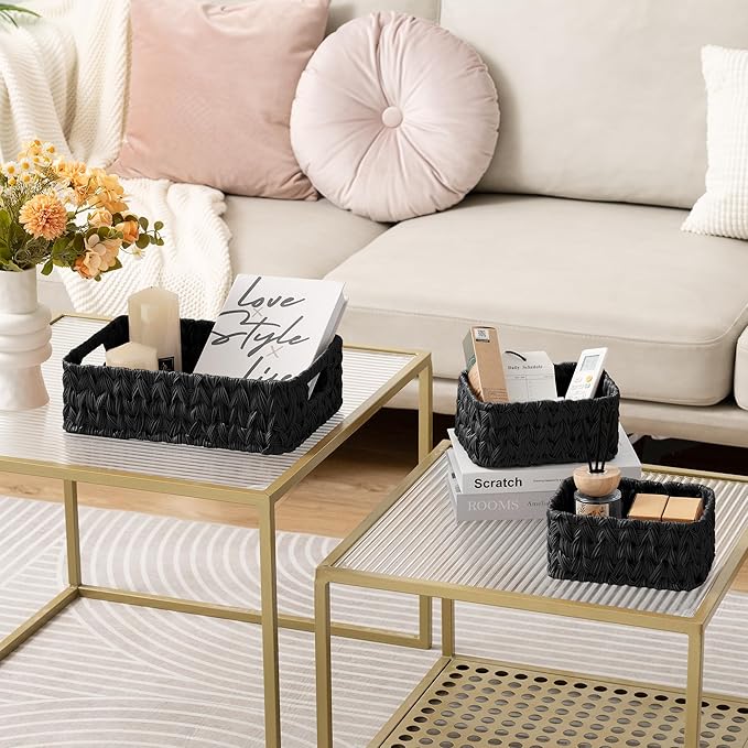 GRANNY SAYS Wicker Baskets for Organizing, Wicker Storage Basket for Shelf, Woven Baskets Oraganizer, Waterproof Vanity Basket for Towel, Home Organization, Black, 3-Pack