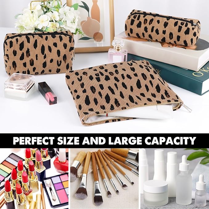 3 Pcs Makeup Bag Cosmetic Bag Set for Girls Women Travel Organizer Bathroom Toiletry Pouch Large Capacity Storage Bag (Leopard Brown)