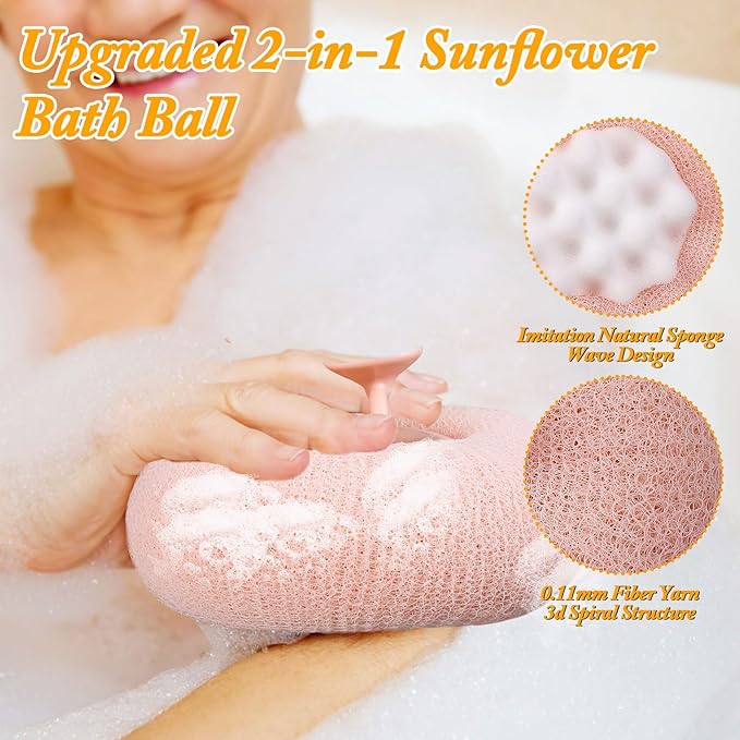 2Pcs Upgrade 2-in-1 Sunflower Bath Ball,Soft Bath Ball with Hanging and Adsorbable Suction Cup，Exfoliating Bath Sponges for Shower Women Men (Pink+Blue-Green)