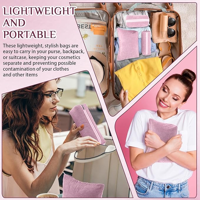 3 Pcs Makeup Bag Set for Women Corduroy Cosmetic Pouch Aesthetic Smile Travel Toiletry Bag Cute Purse Pouch Pencil Case Makeup Brushes Storage Organizer with Zipper(Rose Pink,Solid Style)