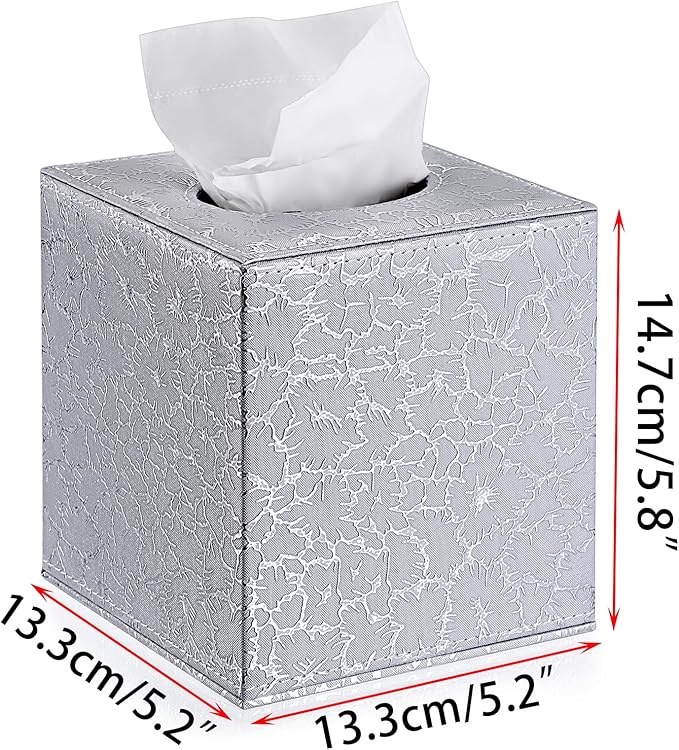 Sumnacon Square Leather Tissue Box Cover - Stylish Cube Tissue Box Holder with Magnetic Bottom, Decorative PU Tissue Box for Vanity Dresser Night Stand Table Countertop Home Office Car, Silver