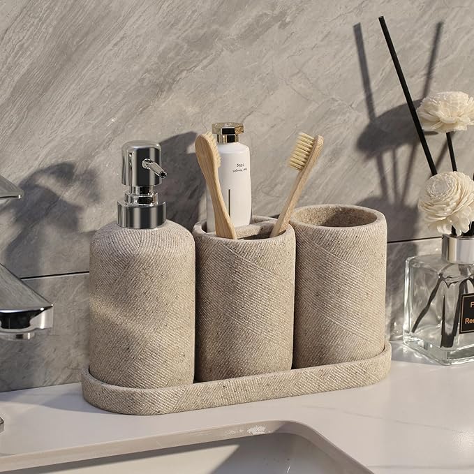 Bathroom Accessories Set, Bathroom Organizer Countertop, Soap Dispenser and Toothbrush Holder, Mouthwash Cup, Tray Set, Vanity Tray for Bathroom, 4 Pieces Modern Decor (Beige)