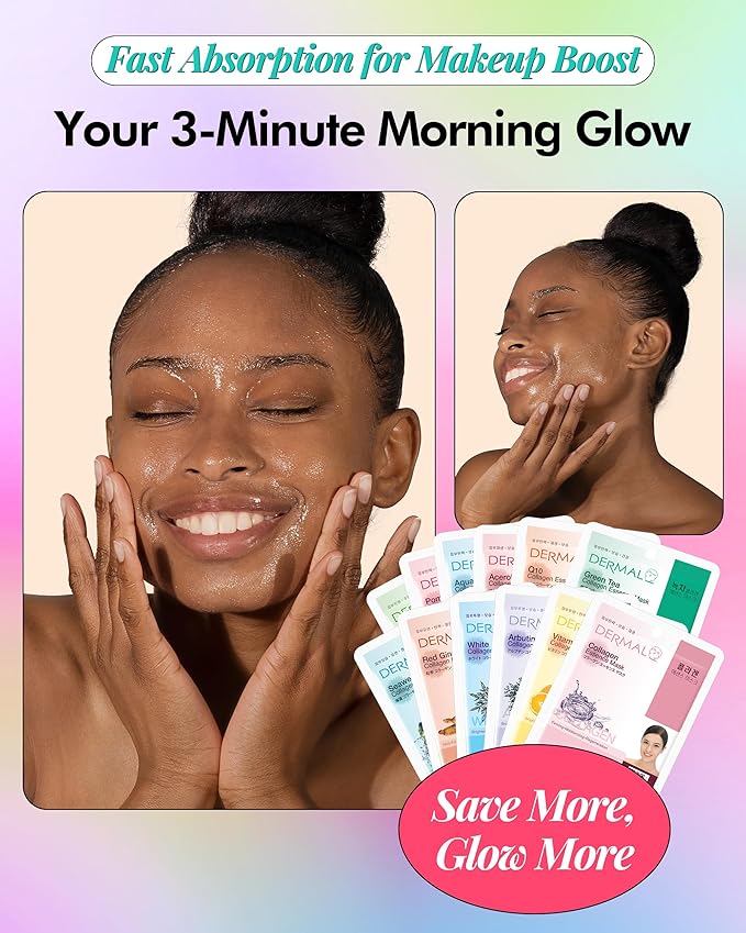 DERMAL 26 Combo Pack Collagen Essence Korean Face Mask (Green & Yellow) - Hydrating & Soothing Facial Mask with Panthenol - Hypoallergenic Sheet Mask for All Skin Types - Home Spa Treatment Mask