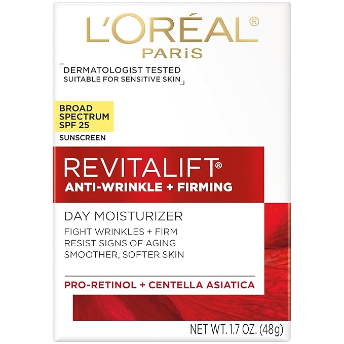 L'Oréal Paris Revitalift Anti-Wrinkle and Firming Face Moisturizer with SPF 25, Pro-Retinol and Centella Asiatica, Paraben Free, 1.7 oz (Packaging may vary),(Pack of 2)