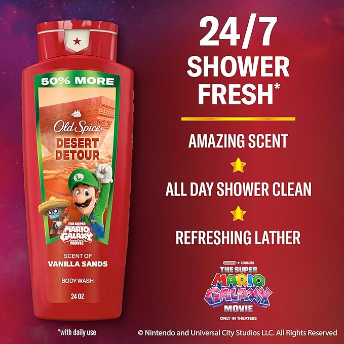 Old Spice Body & Face Wash for Men, x The Super Mario Galaxy Movie, 3X Defense, 24/7 Shower Fresh with Long Lasting Scent, Smell Super with Desert Detour, Vanilla Sands Scent, 24 oz