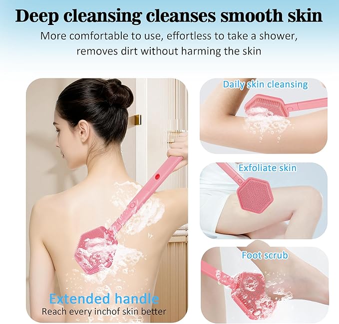 Silicone Back Scrubber for Shower with 21" Extendable Handle-Dual-Sided Long Handle Bath Brush for Exfoliating & Massage–Non-Slip Grip, Gentle&Deep Cleansing Body Brush for Men, Women, Seniors (Pink)