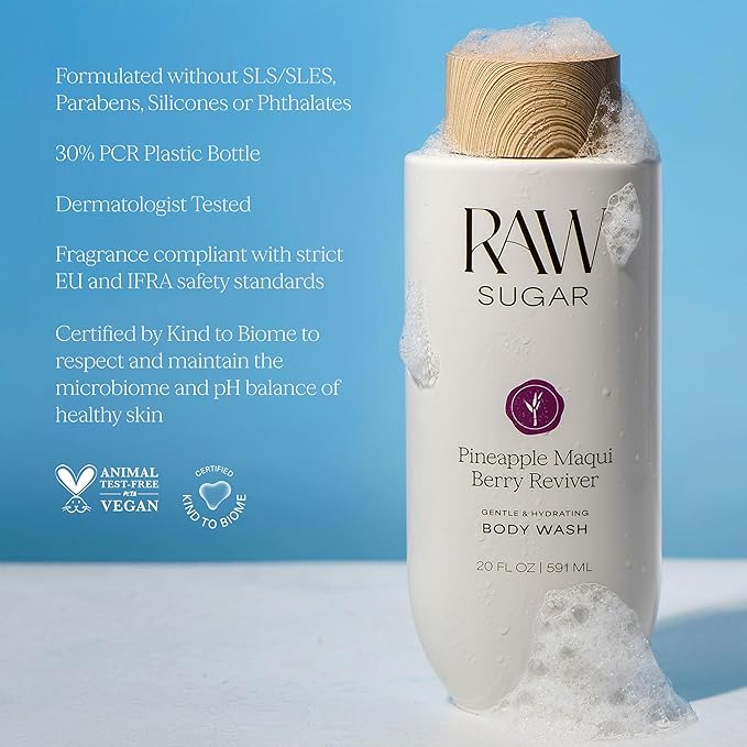 RAW SUGAR Pineapple Maqui Berry Reviver Gentle & Hydrating Body Wash, 20 Fl Oz (Pack of 1), Moisturizing & Smoothing Bath & Shower Gel, Vegan, Formulated without SLS/SLES & Parabens