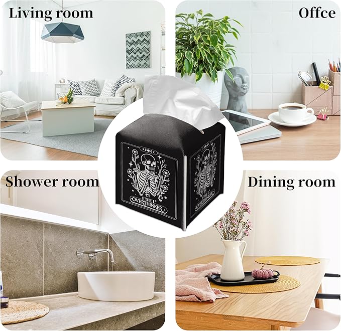 Grace Yonks Cute Tissue Box Cover Square - Gothic Skeleton “The Overthinker” Print, Funny Tarot-Inspired Design 5.2" PU Leather Holder for Vanity, Bathroom Counter - Cube Case for Facial Tissues(024)