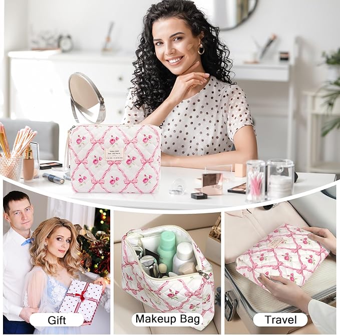 Floral Makeup Bag, Small Cosmetic Bag for Women Girls, Cute Cotton Makeup Bag, Quilted Makeup Bags, Flower Travel Toiletry Organizer Bag(Pink bow ties)