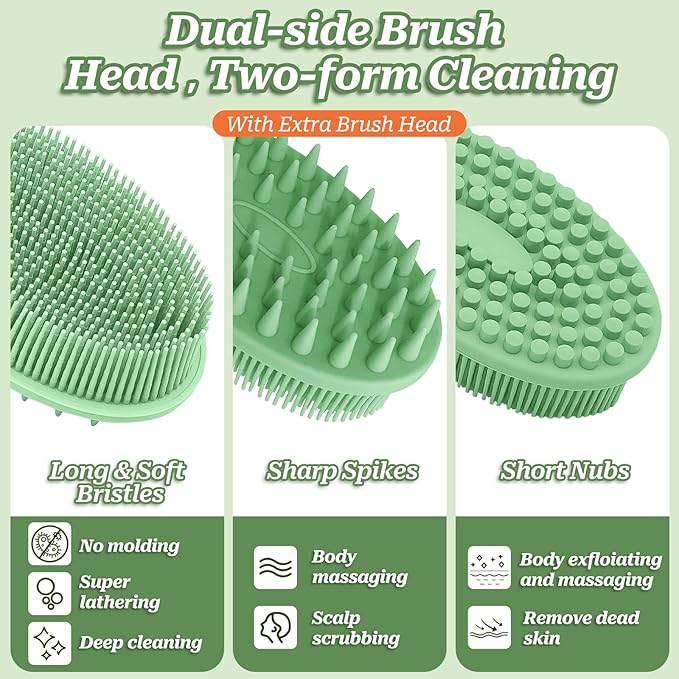 Silicone Face & Back Scrubber Set, Manual Face & Body Scrubber Exfoliator with Soft Bristles and Non-Slip Handle, Back Brush Bath Brush with 2 Detachable Brush Heads(3PCS Green Set)
