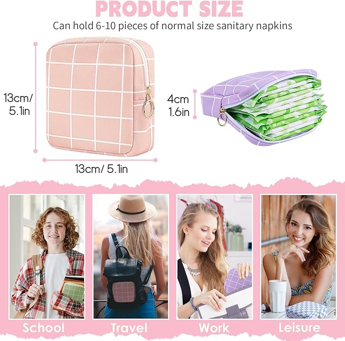 Desing Wish Period Bag Pouch Soft Cloth Sanitary Napkin Storage Bag Portable Menstrual Pad Pouches Tampon Holder for Purse First Period Kit for Girls 9-12 (Blue-White Check)