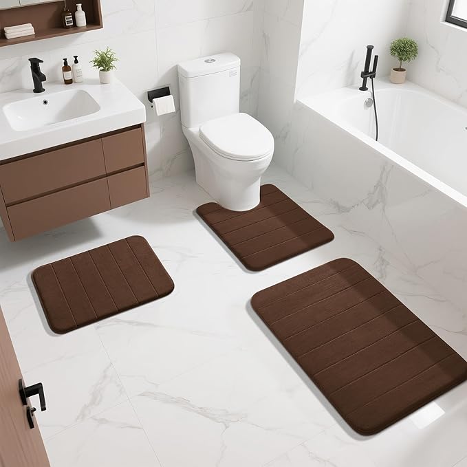 Yimobra Large Bath Mat Set 2 Piece- Super Soft Absorbent Quick Dry Memory Foam Bathroom Rugs, Machine Washable Non Slip Floor Carpet for Tub Shower & Double Vanity (17x24 & 44x24, Brown)