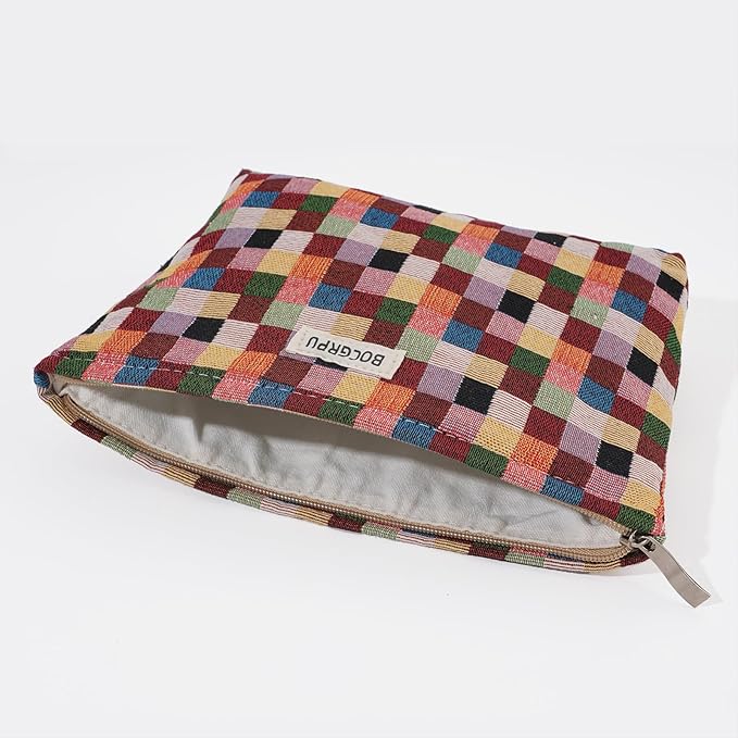 Makeup Bag Small Cute Cosmetic Bags for Women，Checkered Travel Toiletry Bag for Purse, Large Canvas Cosmetic Pouch Makeup Organizer Tool Pouch with Zipper（Colorful Checkered）