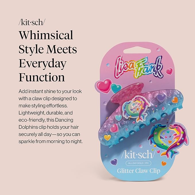 Lisa Frank x Kitsch Glitter Hair Clip for Women – Secure Hold Claw Clip | Sparkly Hair Accessories with Strong Grip, Recycled Acrylic | Ideal Gifts for Women - Dancing Dolphins