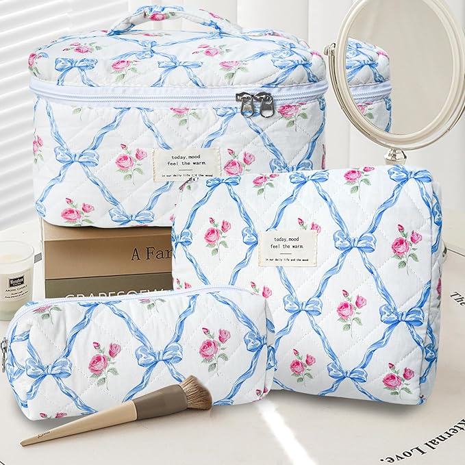 3Pcs Cotton Quilted Makeup Bag Large Travel Cosmetic Bag Coquette Makeup Pouch Cute Aesthetic Floral Toiletry Bag for Women Girls (flower-Q)