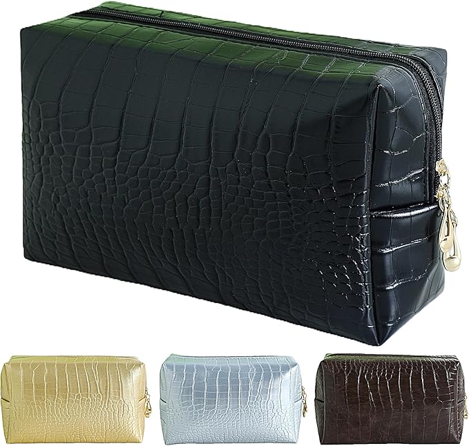 Makeup Bag for Purse, Compact Toiletry Pouch, Crocodile-Embossed Cosmetic Travel Bag, Small Makeup Pouch, Unisex Toiletry Travel Bag