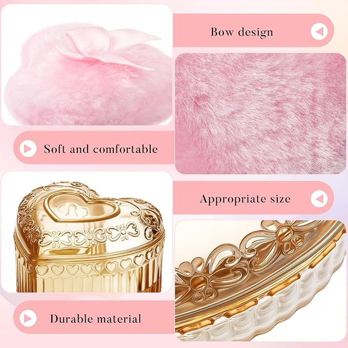 Tioncy 3 Pcs Large Body Powder Puff and Container Valentine's Day gift Powder Container with Puff Crystal Case Soft Washable Reusable Velour Face Body Glitter Wet Dry Makeup(Heart,Amber)