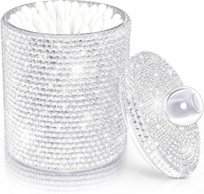 Yivaiks Bling Qtip Dispenser for Cotton Swabs, Balls, Pads, Floss Picks- Small Plastic Canister Apothecary Jar,Bathroom Essentials Accessories Decor, Vanity Makeup Qtip Holder Storage Organizer