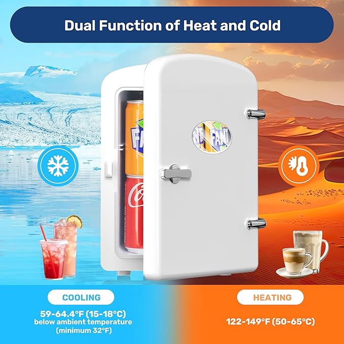 Simple Deluxe 6 Liter/9 Can Mini Fridge with Observation Window, Portable Freon-Free Small Refrigerator, Compact Cooler & Warmer for Skincare, Beverage, White