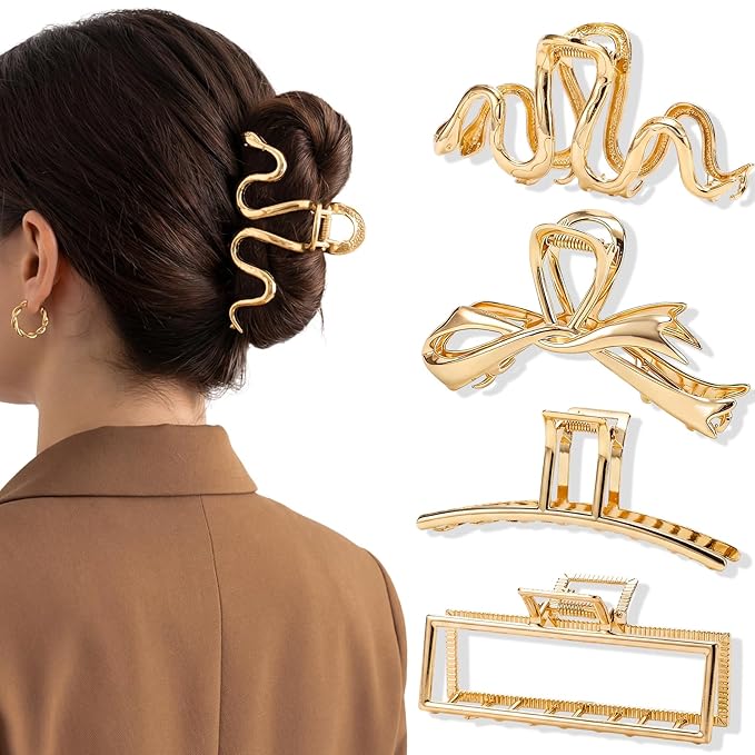 Obeoby Large Metal Hair Claw Clips for Women, 4 Pcs 4 Inch Gold Hair Clips for Thick Hair - Strong Hold Cute Fashion Barrettes Hair Accessories Holiday Birthday Gifts
