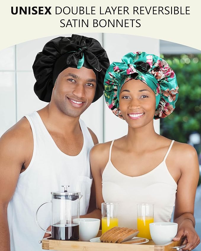 AWAYTR Satin Bonnet Silk Hair Bonnets for Women Curly Hair Wrap Sleeping Cap Reversible with Tie Band Night Cap (Green + Black) 7 7/8-8