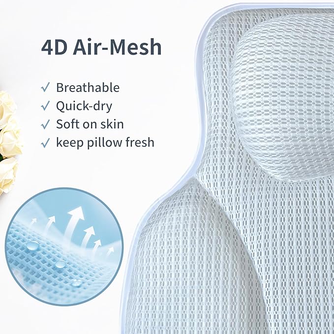 Luxury Bath Pillows for Tub with 4D Mesh Fabric - Thick and Soft Ergonomic Head Neck Back Support, Quick-Drying White Bath Pillows with Anti-Slip Suction Cups, Spa Gift for Adults and Seniors