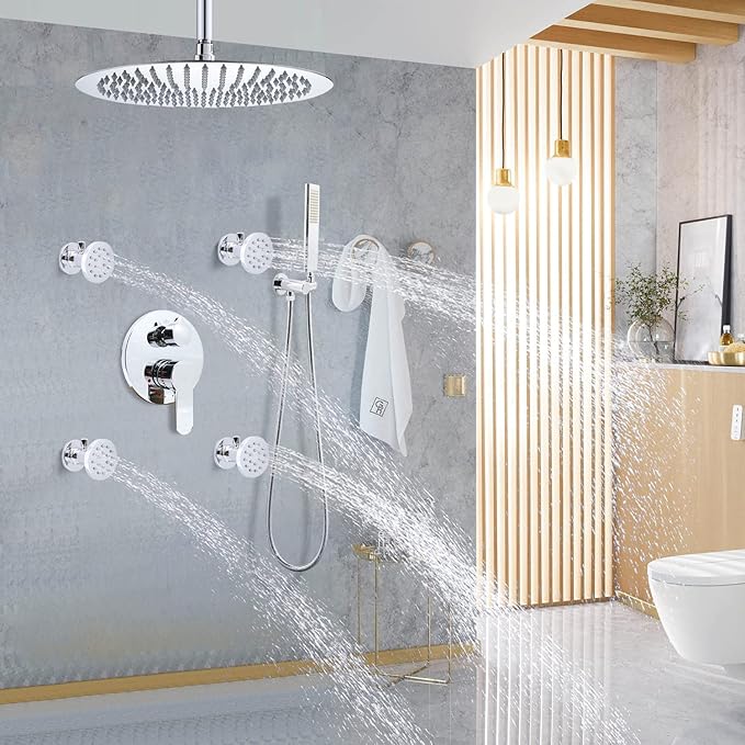 Brass Shower Body Jets with Adjustable Flow, Massage Spa Polished Chrome Round Body Spray Shower Side Wall Sprayer Head Jets, 4 pcs, Water Saving