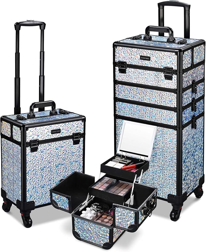BYOOTIQUE Makeup Cart on Wheels 3-Piece Lockable Esthetician Rolling Case Cosmetology Organizer Kit Hair Tool Travel Bag for Lash Artist Nail Slon Beauty Studio Hairstylist Manicurist,Mermaid Silver