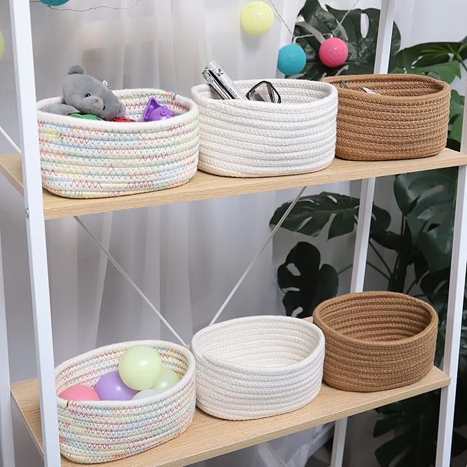 【2 Pack】 ABenkle Small Storage Baskets, Natural Cotton Rope Woven Baskets for Organizing, Tiny Oval Storage Easter Baskets, Small Basket, Cat Dog Toy Baskets, Bathroom Organization Bin