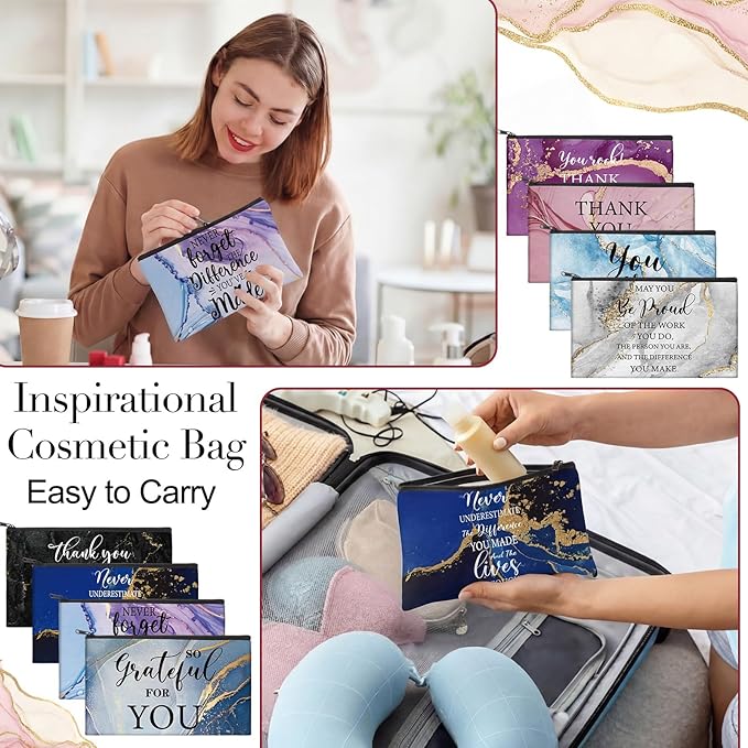 Yahenda 16 Pcs Canvas Makeup Bags Bulk for Women Inspirational Cosmetic Zipper Pencil Pouch Travel Toiletry Bag for Birthday Mother's Day Nurse Gifts(Marble)