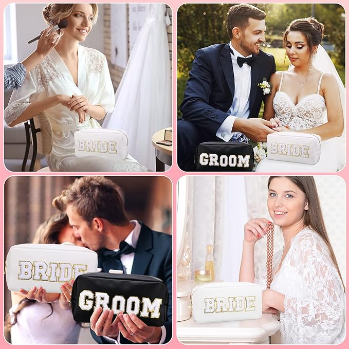 Oudain 2 Pcs Bride and Groom Makeup Bag Letter Patch Cosmetic Travel Toiletry Bag Women PU Leather White Portable Bride Purse Wedding Pouch for Bridal Shower Gift Bachelorette Party Favor