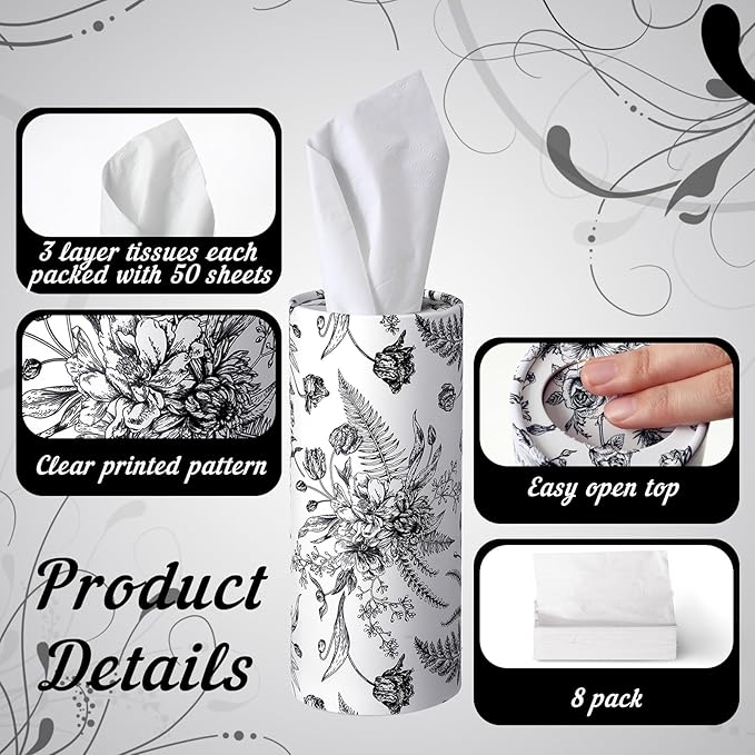 Zonon 4 Pcs Vintage Floral Car Tissue Cylinder with 240 Sheets 3 Ply Facial Tissue Bulk Round Tissues Holder Box Travel Tubes for Car Cup Holder Round Container