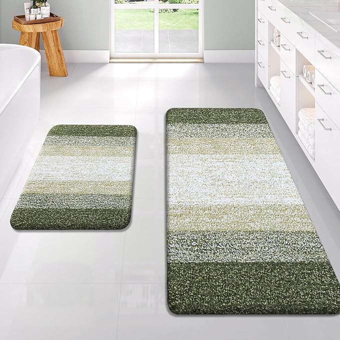 OLANLY Bathroom Rug Set 2 Piece, Soft Absorbent Microfiber Bath Rug Set, Non-Slip, Machine Wash Dry, Plush Shaggy Bath Mats for Bathroom (47"x20"+24"x16", Dark Green)
