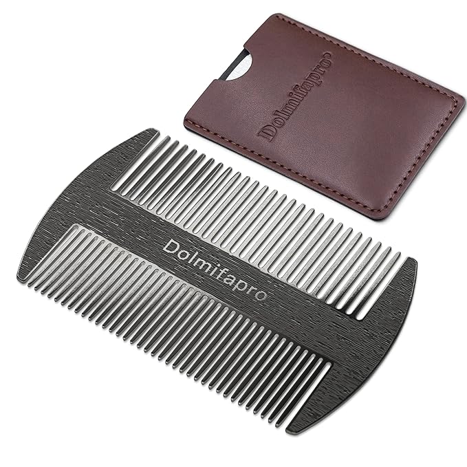 Pocket Comb for Beards, Mustaches Comb & Hair Beard Comb for Men Ultra-thin, Stainless Steel, Anti-static with PU Leather Case (black)