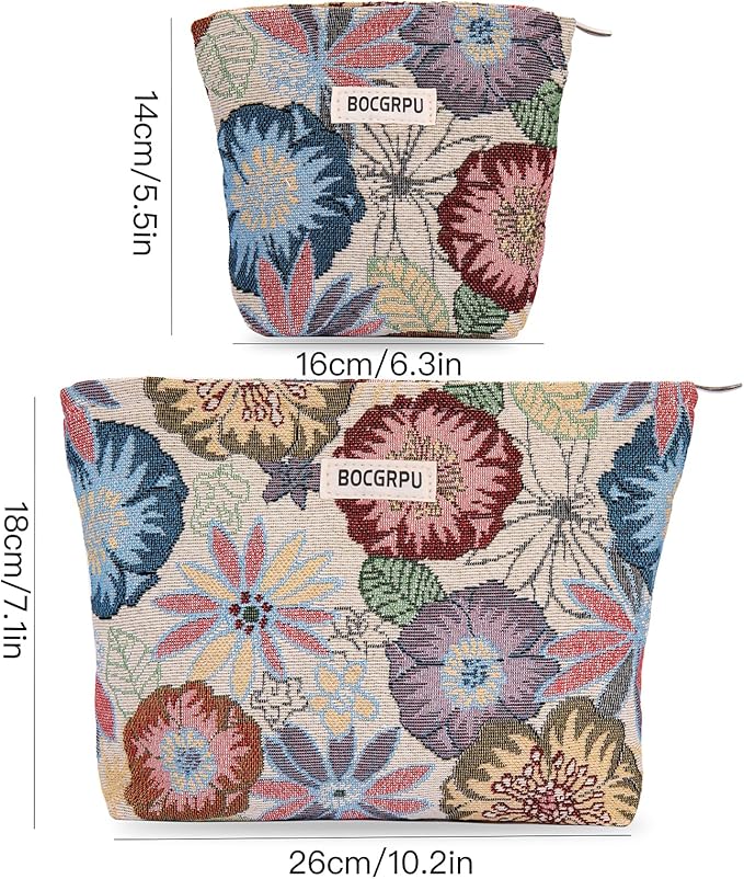 2 PCS Makeup Bag Set Cute Small Cosmetic Bag for Purse ，Large Toiletry Bag Makeup Organizer，Travel Pouch with Zipper for Women, (Flower Garden White)