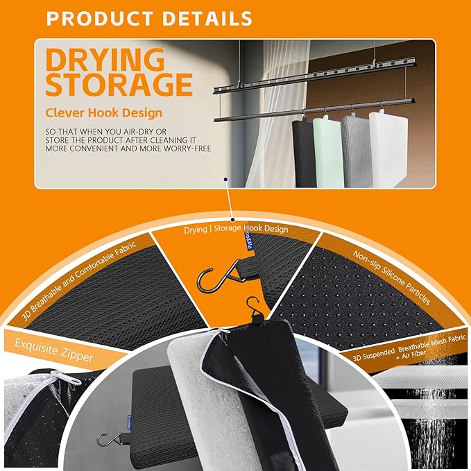 Gooo&Ma Non-Slip Waterproof Shower Seat Cushion Bathtub Pillow Shower Chair Bench Bathtub Cushion - with 3D Mesh & Hook - Bath Pillow，for Elderly，Pregnancy - Washable and Quick Drying(Black)