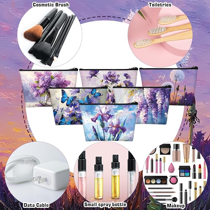 Sweetude 12 Pcs Purple Oil Painting Flowers Makeup Bag Bulk Purple Portable Travel Cosmetic Bag with Zipper Retro Floral Waterproof Roomy Travel Beauty Toiletry Organizer Storage Pouch for Women Gifts